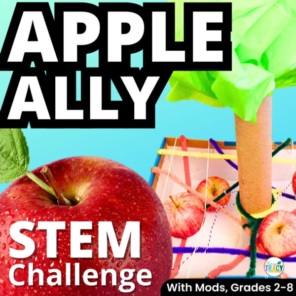Back-to-school stem Apple Ally Print design made from craft materials and apples shown