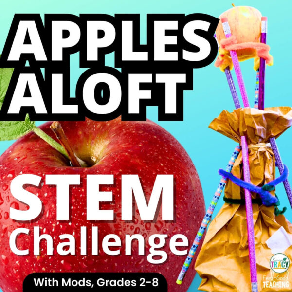 Back to School STEM - Apples Aloft tower design made from craft materials and an apple shown