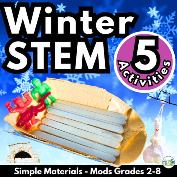 5 Christmas and Winter STEM Activities - designs shown for Snowman Stretch, Sled & Slope, and Frozen Fortress Igloo