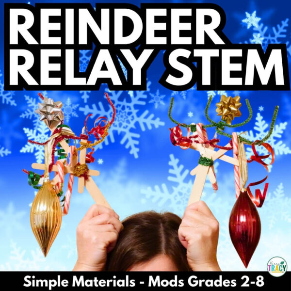 Reindeer STEM Activity design made from craft materials and Christmas ornaments