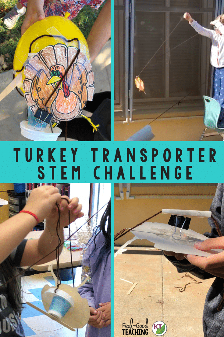 Thanksgiving STEM Challenge: In Turkey Transporter, students design a way to transport turkeys quickly and safely across a horizontal and/or vertical distance. Includes modifications grades 2 - 8. Click through to the blog to see examples and video of student designs.