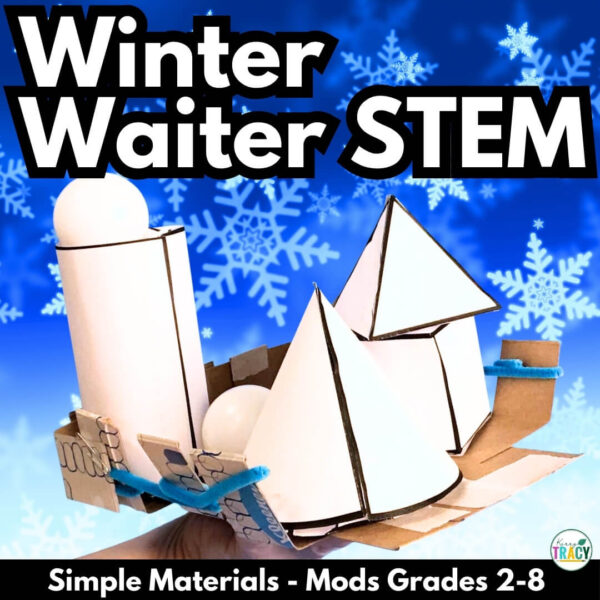 Winter Waiter STEM Activity design showing 3D solids on a tray made of cardboard and paper