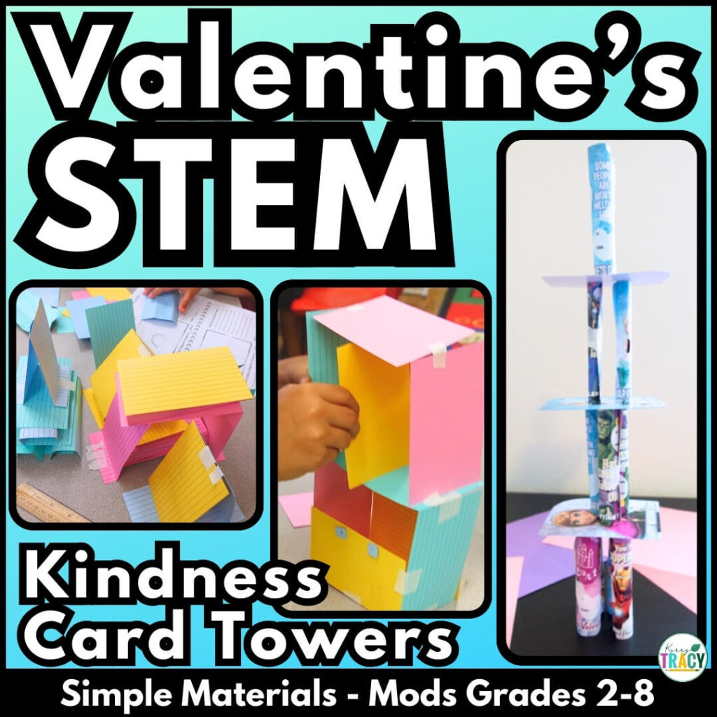 Valentine's STEM Kindness Cards Activity - towers made from Valentine's Day cards and kindness index cards shown