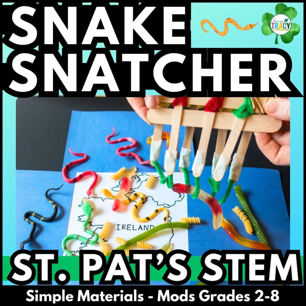 St Patrick's Day STEM SNAKE - map of Ireland with assorted snakes on top with design that picks up snakes safely shown